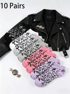 10 Pairs Leopard Print Women's Short Socks, Comfortable Fashion Soft Breathable Non-Slip Elegant, Ideal for Daily Wear, School, Parties, All Seasons