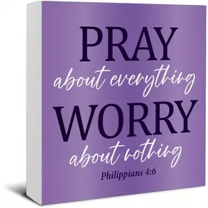 Christmas Halloween Decoration， Purple Office Desk Accessories - Inspirational Christian Desk Sign for Women - Pray About Everything Worry About Nothing Philippians 4:6 Religious Wooden Sign Home Office Cubicle Decor - 5 x 5 Inch