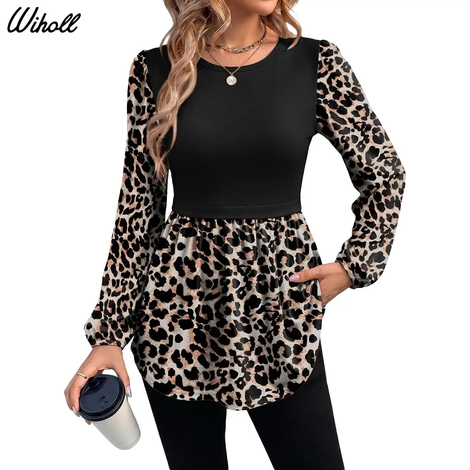 【Black Friday】WIHOLL Women's Long-Sleeve Casual Blouse Top - Crew Neck Babydoll Peplum Tunic, 2026 Fall Fashion Tops for Women with Tunic Length Design,sohochic