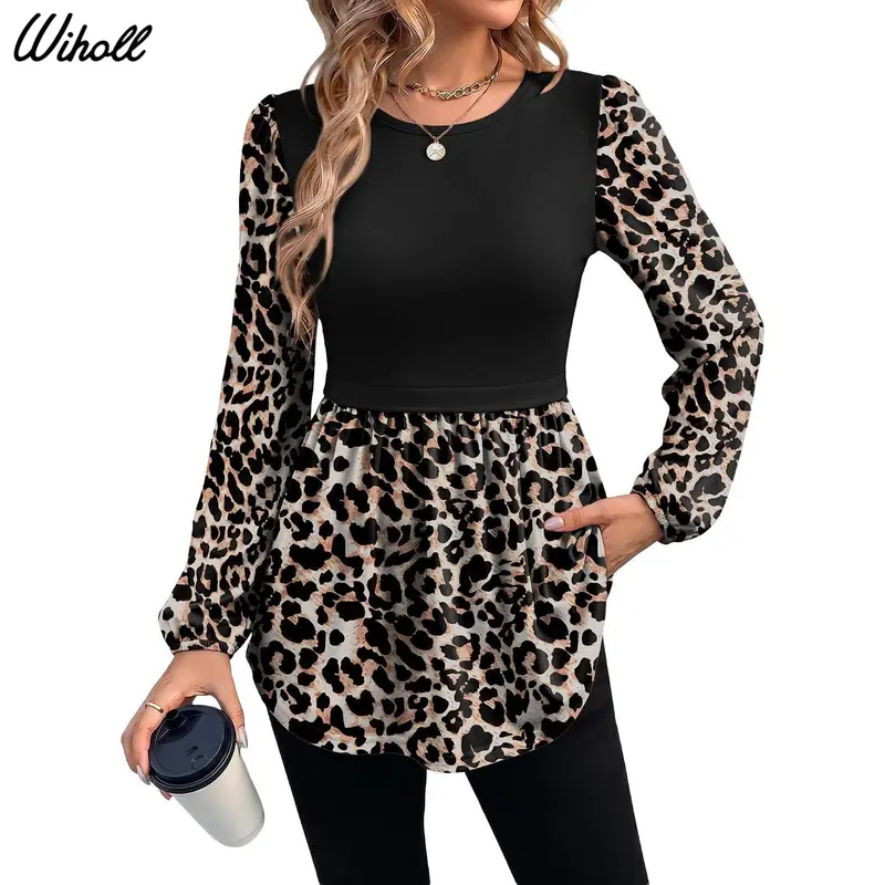 WIHOLL Women's Long-Sleeve Casual Blouse Top, Crew Neck Babydoll Peplum Tunic, 2026 Fall Fashion Clothes for Women