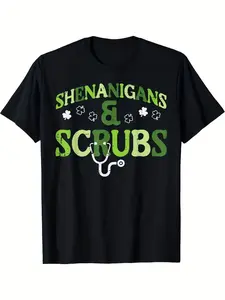 St Patrick'S Day Shenanigans & Scrubs Nurse T-Shirt |   100% Crew Neck Tee, Casual Printed Knit Fabric Top for Adults, All-Season High Stretch Regular Fit, Same Style for Men and Women, Vintage Style, 2025 Summer Short-Sleeved Printed T-Shirt