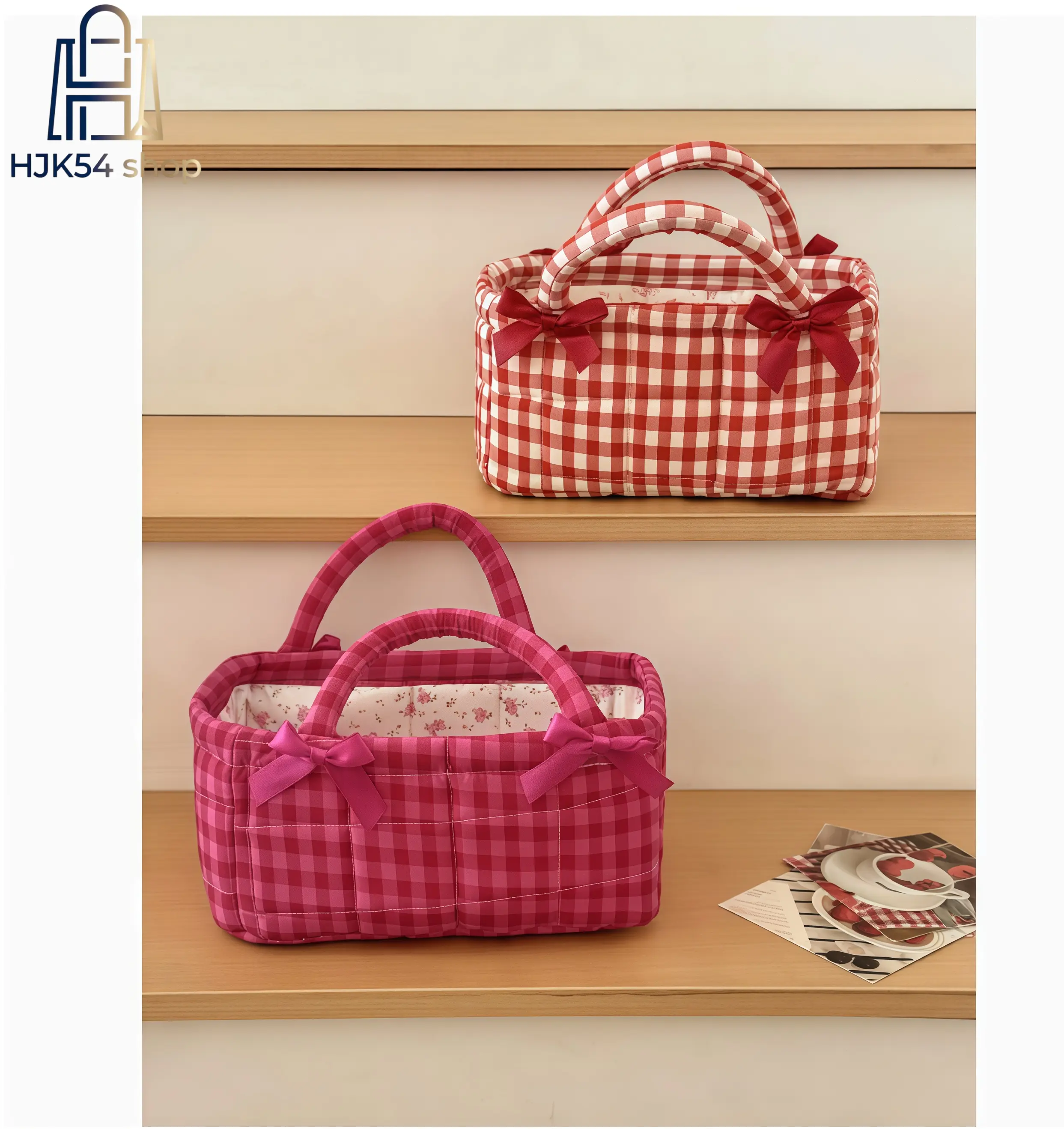 Vermilion Gingham Storage Basket, Coquette Quilted Cotton Organizer with Floral Lining & Bow Handles for Nursery Diaper and Bedroom Organization, Vermilion Grid (Small), Gentle Touch For Baby's Belongings, Keeps Items Separate, Nursery Tote, Organizer Bin