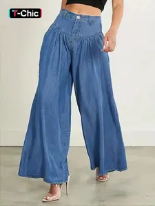 Women's Plain Button Fly Wide Leg Pants, Casual Fashion Pocket Fake Jeans for Daily Wear, Ladies Bottoms for All Seasons, Basic