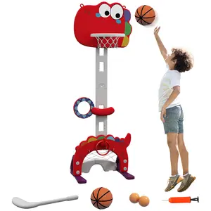 Qaba Kids Basketball Hoop, Adjustable Height 4.4-5 ft Basketball Goal 5 in 1 with Soccer, Golf, Ring Toss, Throw Ball Game Set, for Indoor Use, Red