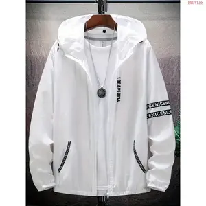 Bmuvlss Men's Lightweight Breathable Summer Hooded Jacket - Casual Letter Print Windbreaker with Pockets, Regular Fit for Outdoor & Casual Attire, Summer Outerwear |   Modern Jacket |   Durable Zipper, Windbreaker Jacket