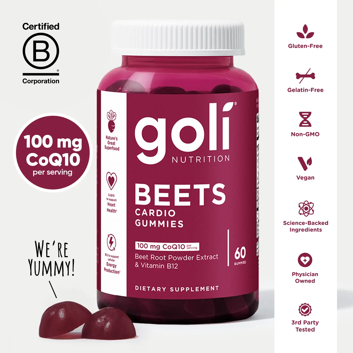 Goli Beets Cardio Gummy - Beet Root Extract & 100mg CoQ10, Gluten-Free, Vegan, Non-GMO, and Gelatin-Free. Nature's Great Superfood