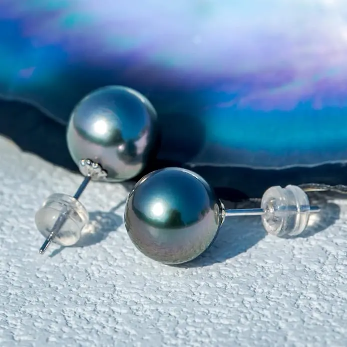 8-12MM Genuine Tahitian Black Pearl 18K Gold Stud Earrings, AAA Quality Handpicked Nature Tahitian Black Pearls