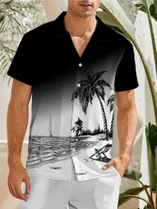 Men's Beachwear Coconut Tree Sailboat Tropical Graphic Shirt, Gradient Cuban Collar Short Sleeve, Loose Fit Summer Vacation Style，Fast shipping