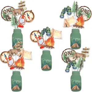 1Set One Happy Camper Birthday Decorations Camping Centerpiece Sticks Panda Tent Campfire Tree Green Theme Happy Forest Adventure 1anniversary Birthday Party Decoration One Happy Camper Table Decoration