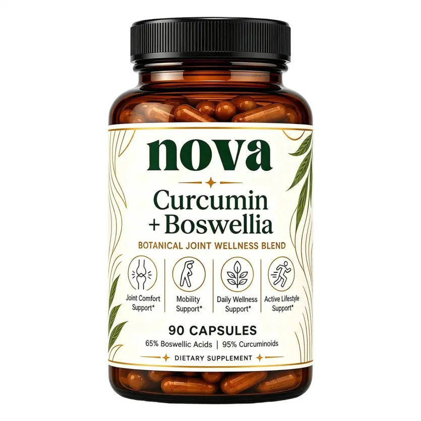Nova Curcumin Boswellia Capsules, 90 Count, Prop 65 Safe Mobility Support Formula, Turmeric, Black Pepper & Vitamin C, Capsule