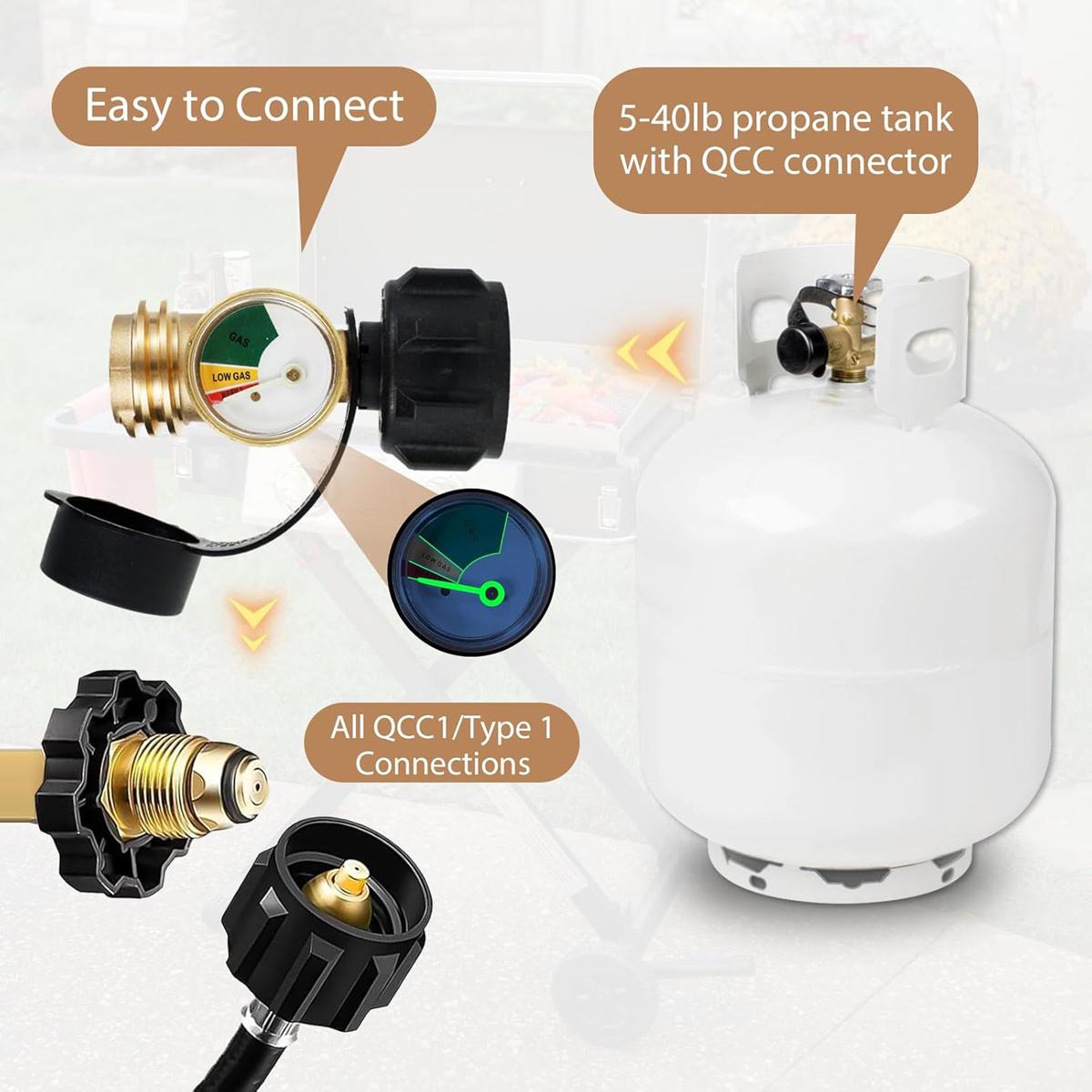 Propane Tank Gauge Level Indicator with Leak Detector, Glow-in-the-Dark Dial, Solid Brass Type 1/QCC1 Adapter for 5–20 lb Cylinders, BBQ Grill, RV, Camper, Heater & Camp Stove