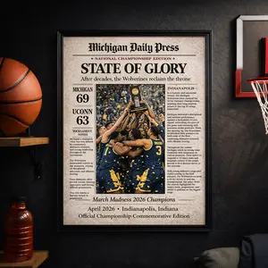 2026 National Championship Winner Poster – Vintage Newspaper Wall Art, NCAA Michiganbasketball Commemorative Print, High-Quality Laminated Photo Paper, Home Décor, Gift for Fan