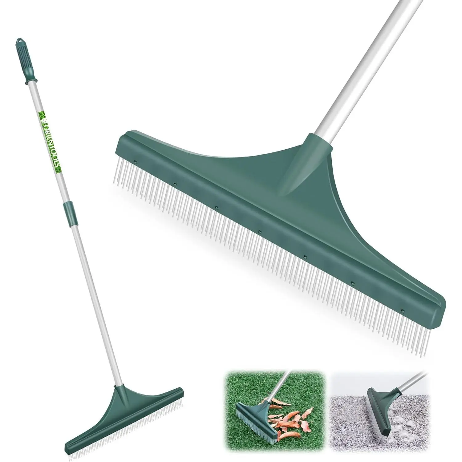 Artificial Turf Rake, Artificial Grass Rake with Adjustable Steel Handle from 32 to 52 inches, Lawn Brush for Astroturf, Carpet Pet Hair, Grass Leaves and Debris