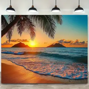 1pc 2D Flat Hawaiian Sunrise Beach Backdrop - Palik Beach Scenery with Palm Trees, Sunset Sky, Ocean Waves, Reusable Polyester Party Wall Decor for Bedroom, Birthday Decoration, Festive Hanging Banner