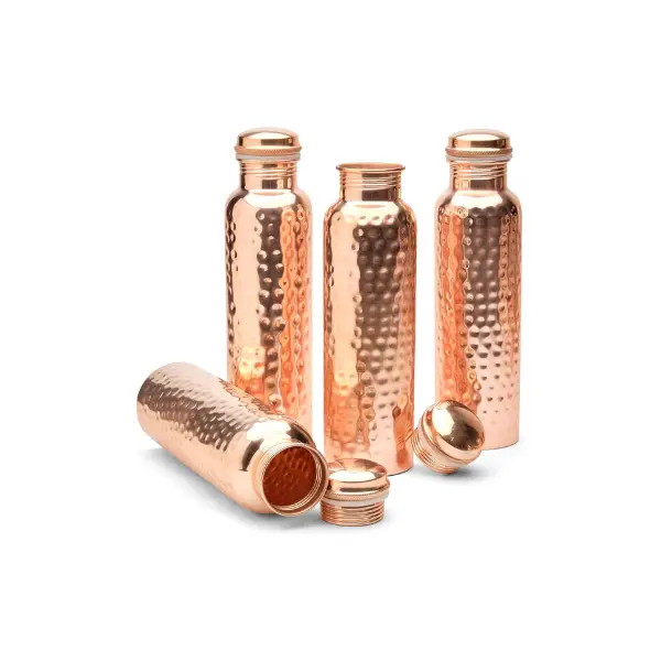 Glytterati Pure Copper Water Bottle With Wide Mouth Hammered Design 34 oz /1000 ml (Set of 4)