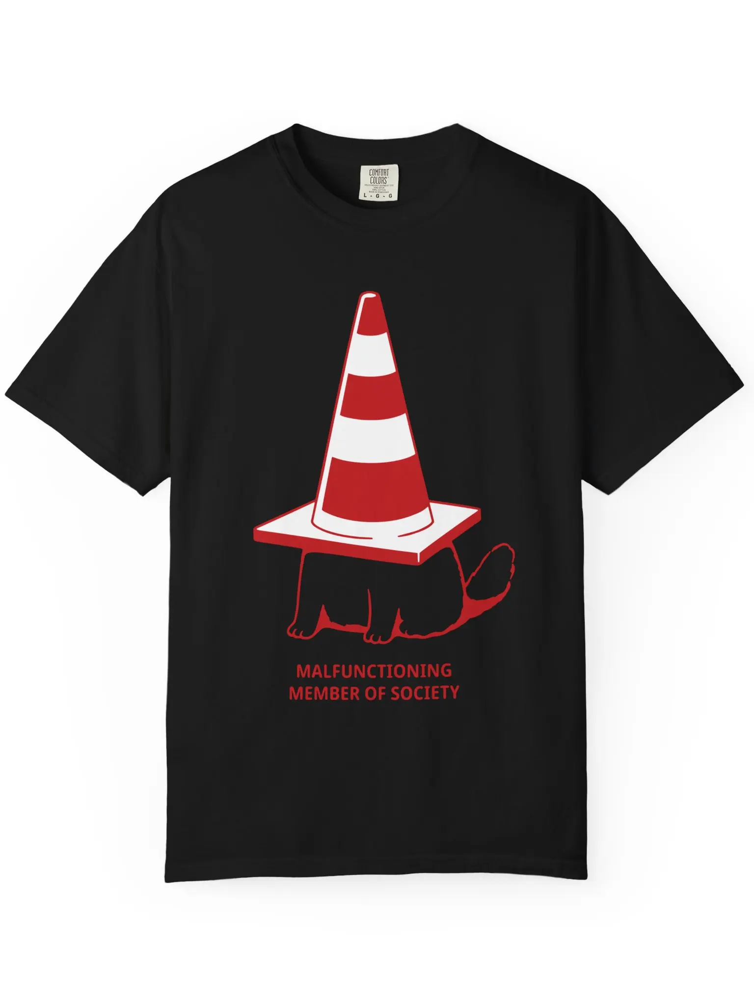 Men's Grunge Regular-Fit Short-Sleeve T-Shirt - Menswear, Funny Traffic Cone Cat Animal Print Graphic, Malfunctioning Society Meme, Chaotic Derpy Animal Humor, Unisex Casual Summer Fabric Top, Shortsleeve, Breathable Fabric