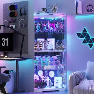 Vlsrka Corner Display Cabinet with Glass Doors, 64.7" Tall Curio Cabinet with RGB Lights for Collectibles, 4-Tier Showcase Display Case with Human Sensor for Toys, Books