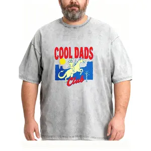 Men's Plus Size Cool Dads Club Cowboy Dragon Print Washed T-Shirt, Retro Style Tee