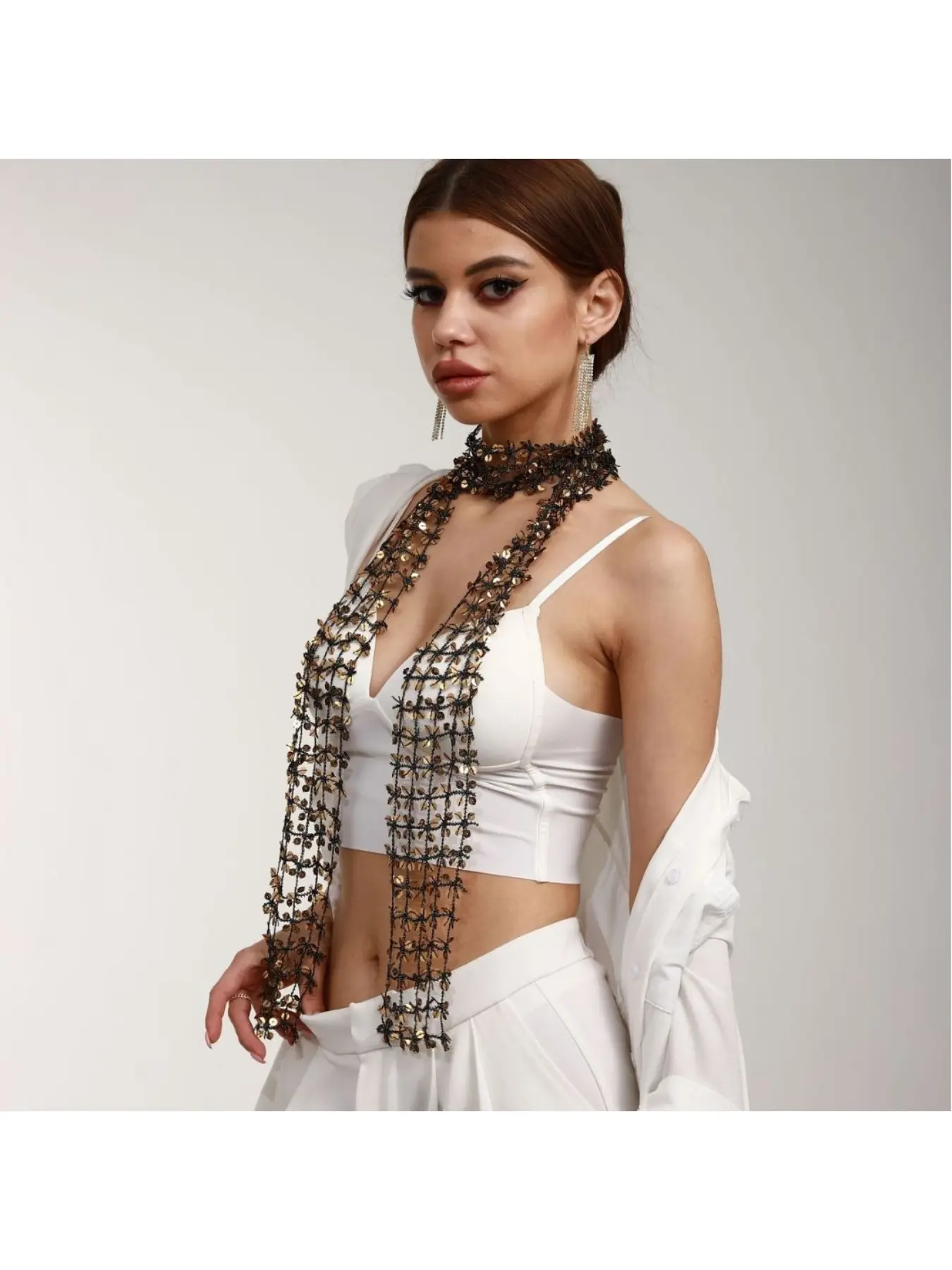 European and American fashion best-selling hollow-out sequined versatile scarf, hot-selling street dance trend accessories, neck scarf and waist chain, Boho Style Scarf