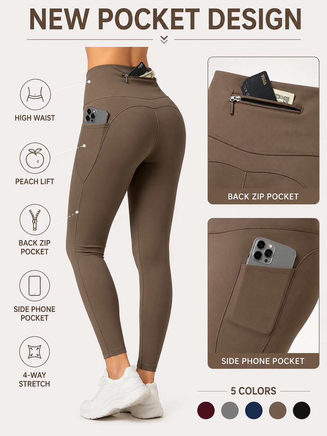Women's 5-Pack High Waist Leggings - High Waist Sportswear, Women's Clothes, Athleisure Wear with Zipper Pockets, Non-See-Through, Quick-Dry, Moisture-Wicking for Yoga, Running, Body Goals, Sporty Chic