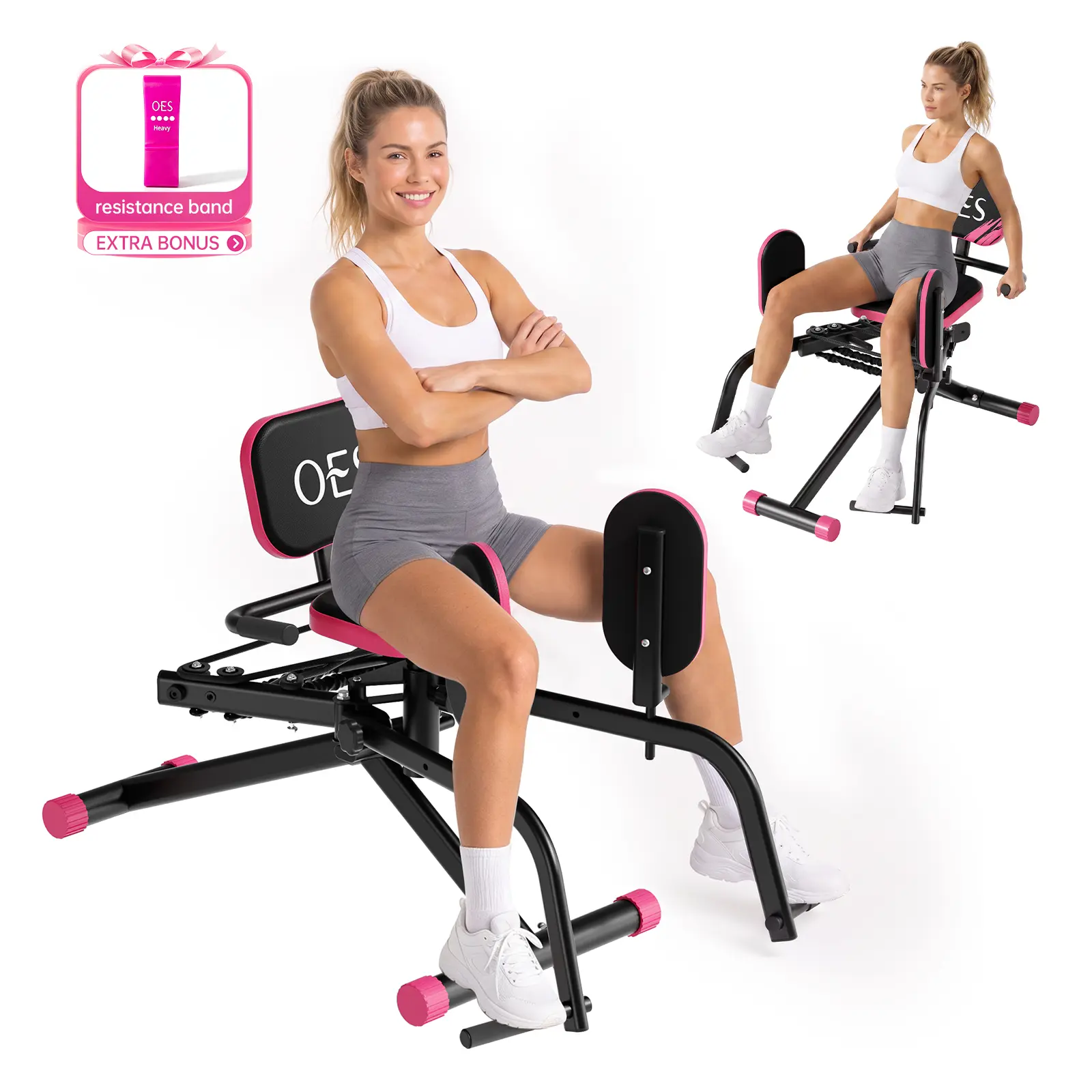 【Free Gift】OES 2-in-1 Hip Abductor/Adduction Machine for Home Gym, Glute Machine & Thigh Workout Equipment, Increased Resistance Booty Builder, Compact Leg Exercise Euipment for Women & Men, Paradise pink/Azure blue