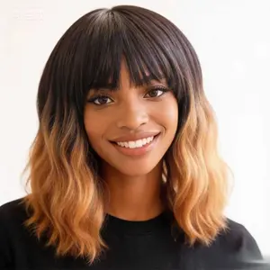Ombre Chocolate Brown Wigs For Women 16 Inch Wavy Bob Wig with Bangs Natural Looking Black to Brown Soft Heat Resistant Synthetic Ombre Brown Wig for Daily Party Use hair glueless