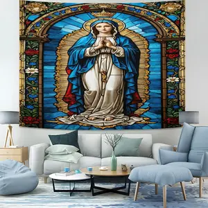 1Pcs Stained Glass Style Virgin Mary Tapestry, Vibrant Religious Art Wall Hanging with Ornate Floral Arch Design, Premium Soft & Durable Tapestries for Living Room, Bedroom, Home Altar, Church Decor,  Elevate Your Space with Timeless Spiritual Beauty
