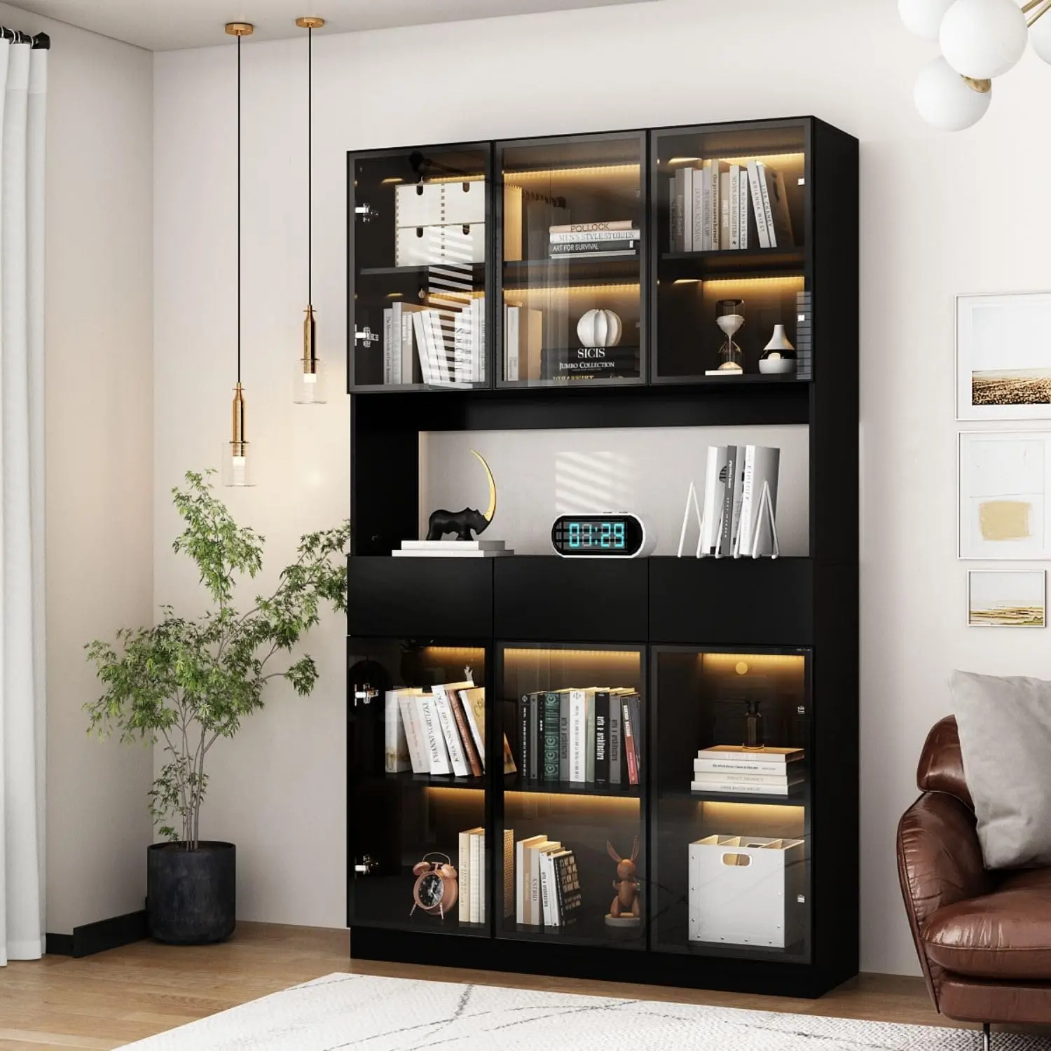 FUFU&GAGA Combined Display Cabinet with Glass Doors and Lights, Pop-up Design, Clothing Bag Storage Cabinet