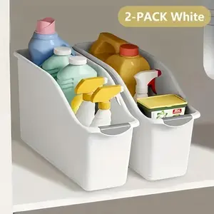 2pcs Curved Design Storage Boxes - Heavy-Duty Plastic Organizer, White Space-Saving Container for Under Sink, Pantry & Cabinet Organization - Suitable for Cleaning Supplies, Household Essentials & Kitchen/Bathroom Storage, No Assembly Required