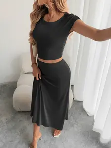 ZAFUL Women's 2-Piece Classic Solid Black Outfit, Round Neck Short Top & High-Waisted Skirt Set, Casual Elegant Womenswear for Daily Wear