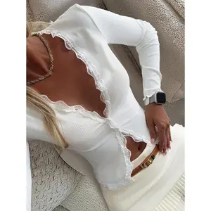 Women’s Fitted White Cardigan with Lace Ruffle Trim and Long Sleeves