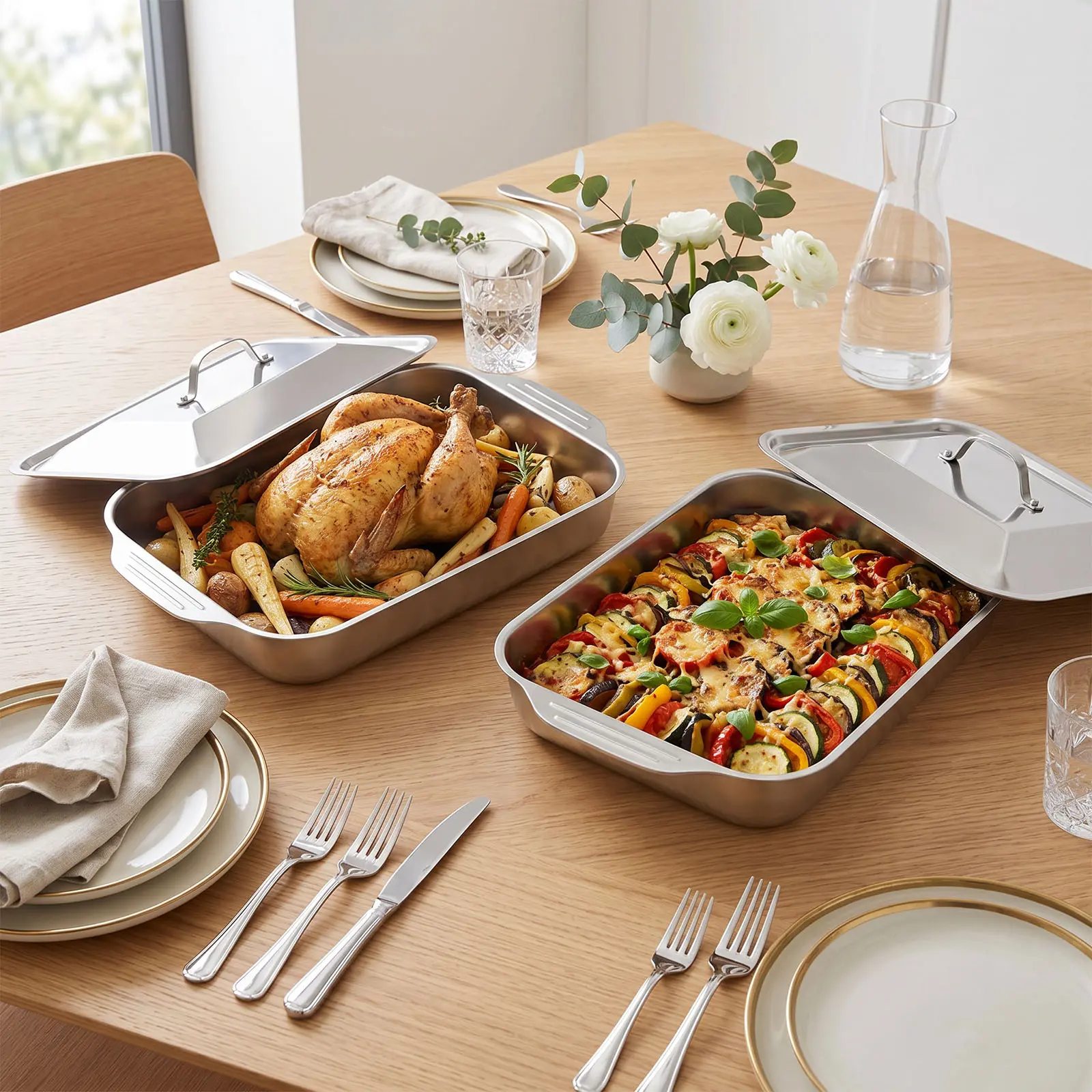 LOVEWE Stainless Steel Baking Pan Set with Lids, Multiple Set Choices, Rectangular Roasting Pans, Oven Safe Bakeware for Roasting, Meal Prep & Holiday Cooking, Dishwasher Safe