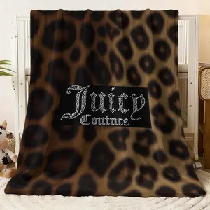 Leopard Print Flannel Blanket, Juicy Couture Letter Graphic Plush Throw Blanket for Bed Couch Sofa, Warm Cozy Fleece Blanket with Chic Animal Pattern & Sparkly Rhinestone Lettering, Perfect for B
