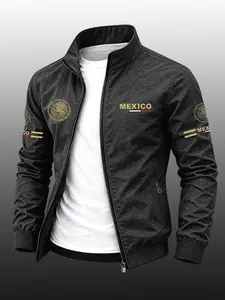 Men's Mexico Flag Print Lapel Sport Jacket, Durable Casual Zipper Outerwear, Business Style Outdoor Coat, Slim Fit, Perfect Gift