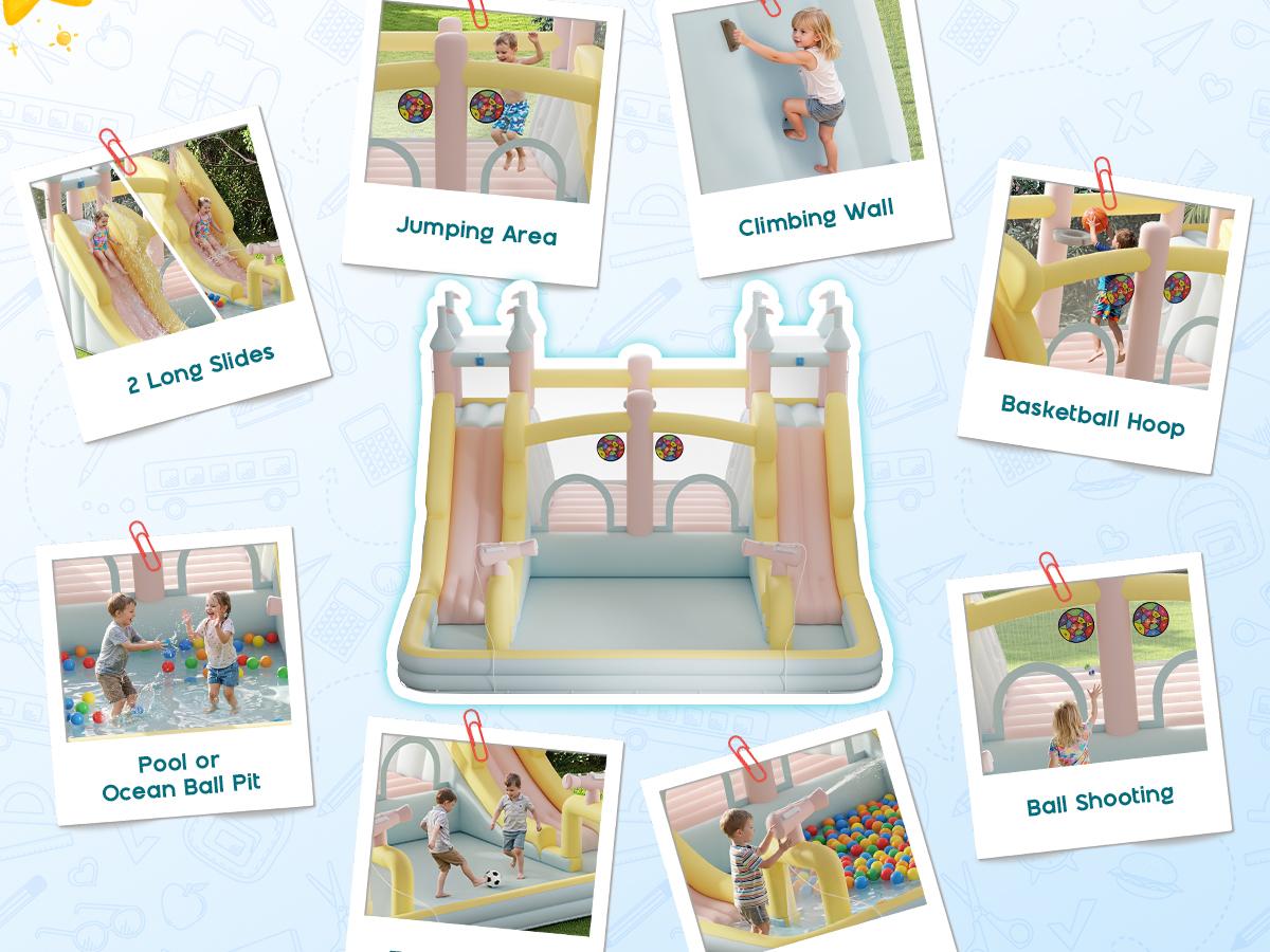 ALBOTT Inflatable Bounce House, Water Slide with Jumping Area, Climbing Wall, Splash Pool and Water Gun, Indoor Outdoor Jumper for Kids 3-12, Air Blower Included