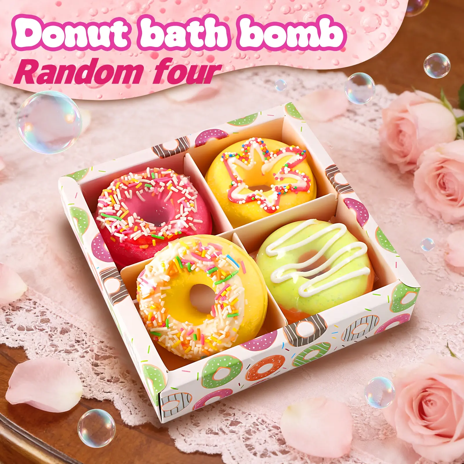 Donut Bath Bomb Set - 4 Piece Random Pack, Fun Donut Shaped Bath Bombs, Relaxing Aromatherapy Experience, Perfect Valentine's Gift