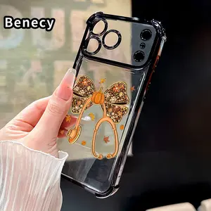 Autumn Bow Stethoscope Pattern Four Corner Anti-Fall Phone Case Transparent Electroplated Protective Cover for iPhone 17 16 Pro Max 15 Plus 14 13 12 11 Air E
