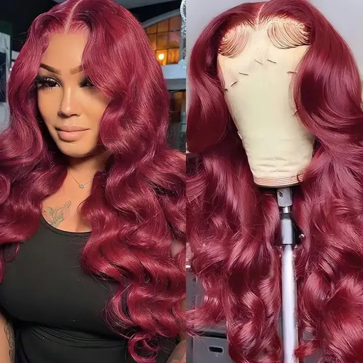 Aodbar hairs 99J Colored Wig Long Body Wavy Lace Frontal Wig 13*4 Transparent Lace Frontal Wig Burgundy Long Loose Wavy Wig Heat Resistant Fiber Hair Glueless Wig for Women