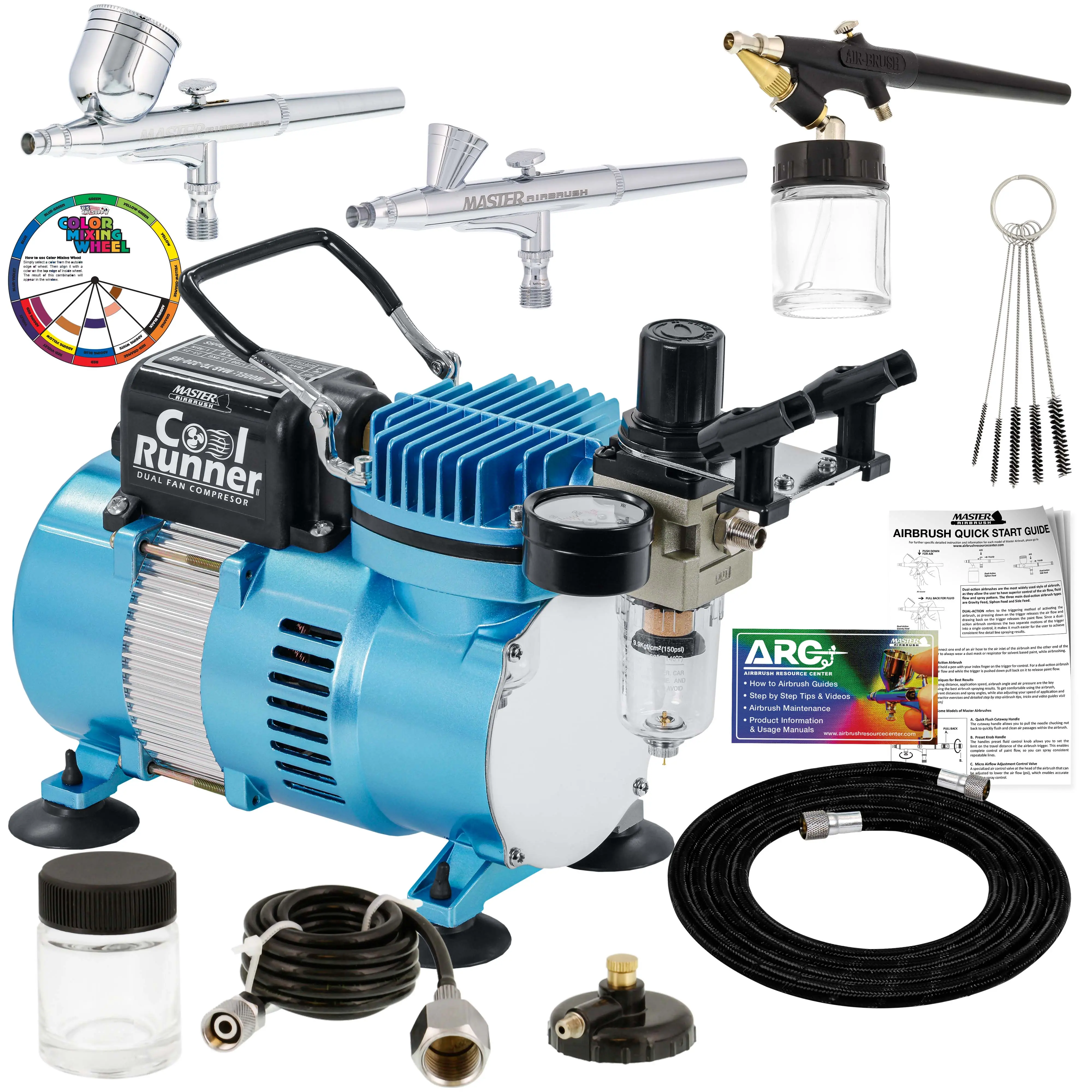 Cool Runner II Airbrush Kit with Dual Fan Air Compressor, 3 Airbrushes, Cleaning Brushes, Holder, Color Mixing Wheel & How-To Air