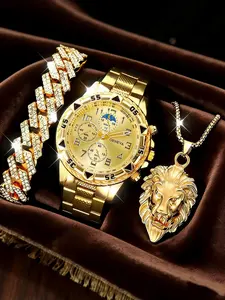 Men's Quartz Watch Set with Lion Head Pendant Necklace and Cuban Hip Hop Rhinestone Bracelet, Casual Business Style, All Seasons
