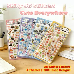 4 Pcs 3D gemstone crystal stickers, charming 3D cartoon hot stamping stickers suitable for DIY projects, suitable for mobile phones, thermos cups, hand books, and laptops, including exquisite food and marine life designs