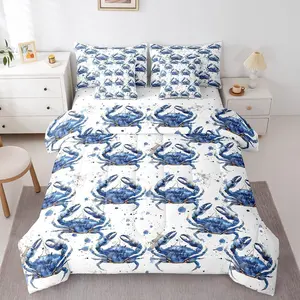 Crab 7 Pcs Comforter Set,Blue Ocean Crabs Bed in a Bag with Flat Sheet and Fitted Sheet,Watercolor Marine Life Bed Set Sea Shell Reptile Bedding Set with Pillowcase & Sham
