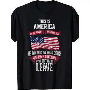 Statement "This Is America If You Don't Like It Leave" T-Shirt - Retro Graphic Tee with Round Neck, Machine Washable Casual Shirt for Year-Round Wear ( Sizing)