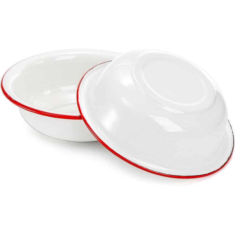 3 Pack 8 Inch Enamel Bowl, 34 Oz Large Enamel Mixing Bowl Wide Enamel Salad Bowl with Red Rim,  White Enamelware for Soup, Fruit, Pasta