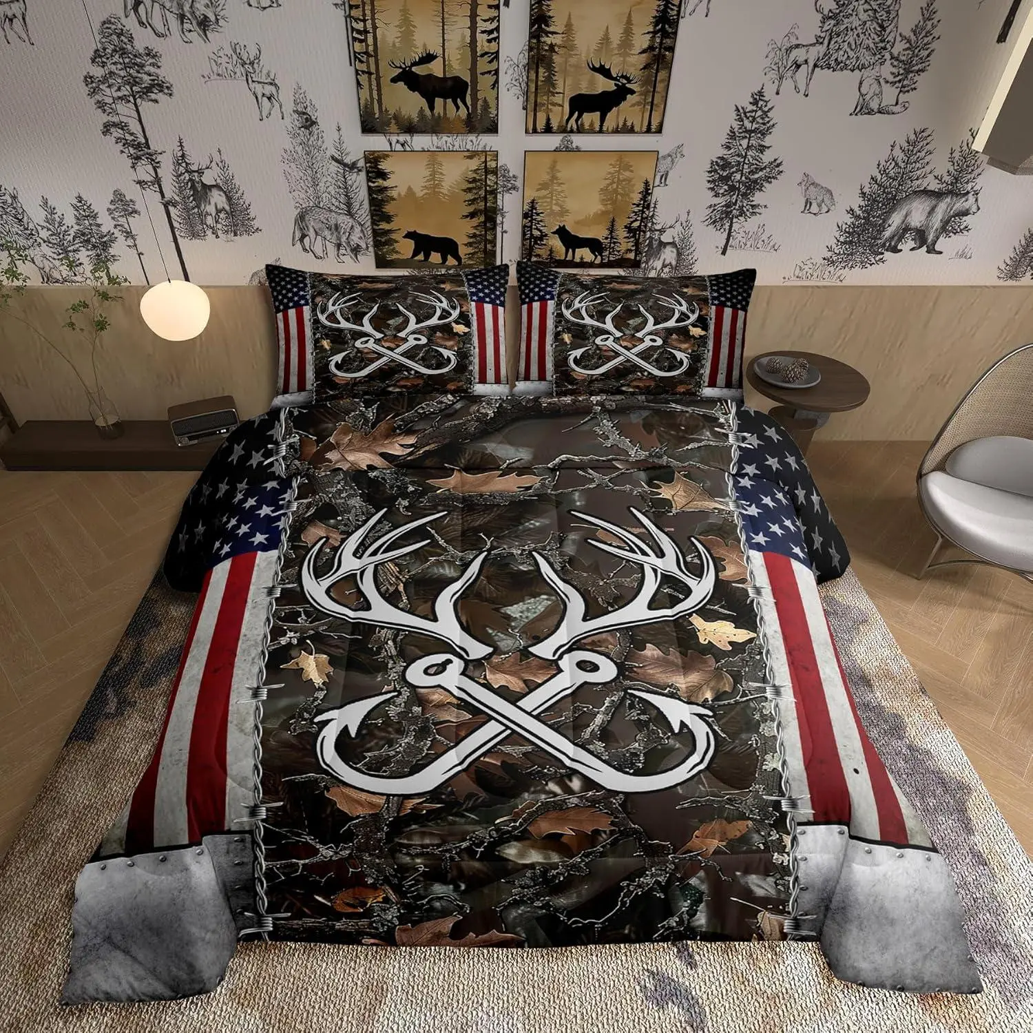 Deer Antler Fishing Comforter Set,Boys Vintage American Flag Bedding Set for Kids Teens Men Room Decor Brown Jungle Branches Camo Quilted Duvet Adventure Hunting Duvet Insert