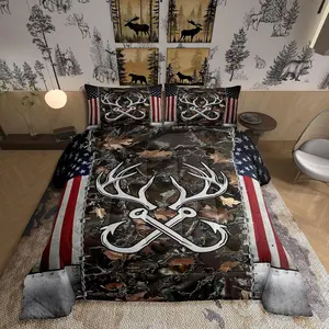Deer Antler Fishing Comforter Set,Boys Vintage American Flag Bedding Set for Kids Teens Men Room Decor Brown Jungle Branches Camo Quilted Duvet Adventure Hunting Duvet Insert