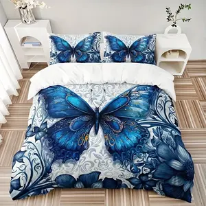 3-piece set with blue butterfly print bedspread, including 1 bedspread + 1/2 pillowcase (without filling), high-definition four-season print, suitable for home and dormitory, cozy bedding, bedroom set, mysterious design, easy to clean, durable