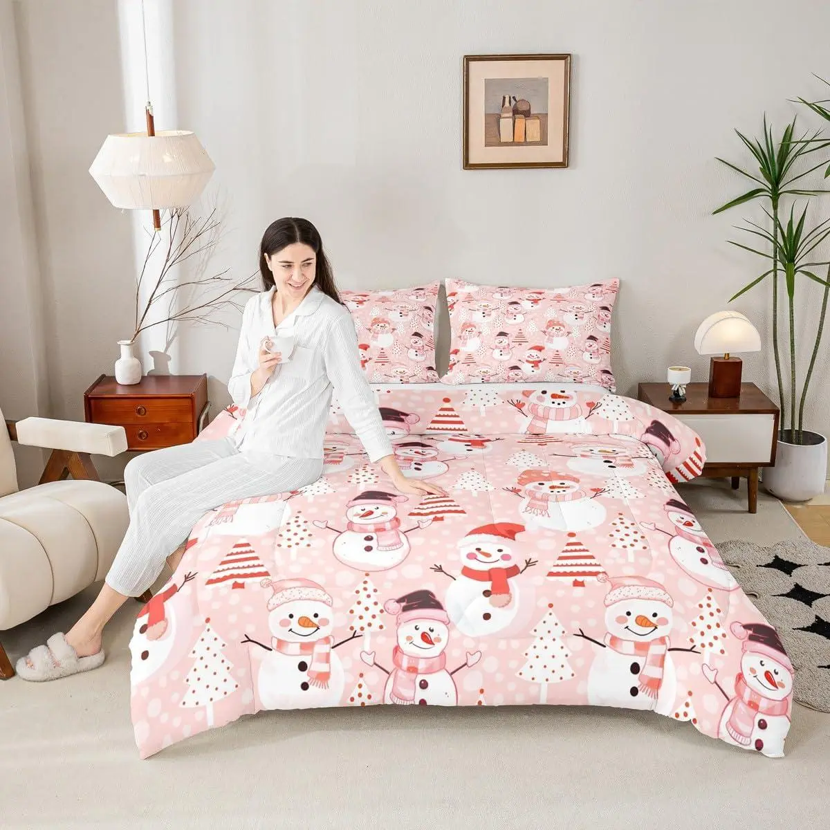 Christmas Comforter Setsnowman and Xmas Trees Down Comforter,New Year Pink Bedding Set for Kids Girls Adults Bedroom Decor Lightweight Duvet Insert