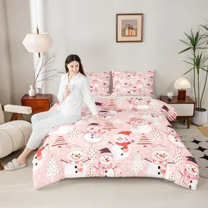 Christmas Comforter Setsnowman and Xmas Trees Down Comforter,New Year Pink Bedding Set for Kids Girls Adults Bedroom Decor Lightweight Duvet Insert