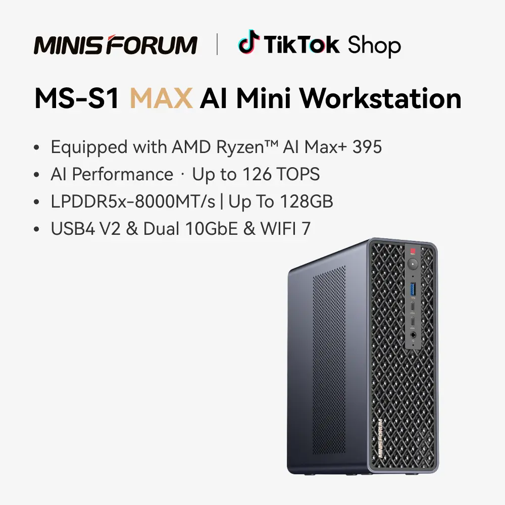 MINISFORUM MS-S1 MAX Mini AI Workstation PC, AMD Ryzen AI Max+ 395 (16C/32T),RDNA3.5 GPU,64GB LPDDR5x RAM 2TB SSMINI PC, Dual M.2 PCIe 4.0,PCIe x16 Slot, USB4 V2(80Gbps)& Dual 10GbE, 320W PSU,Wi-Fi 7 BackToSchool